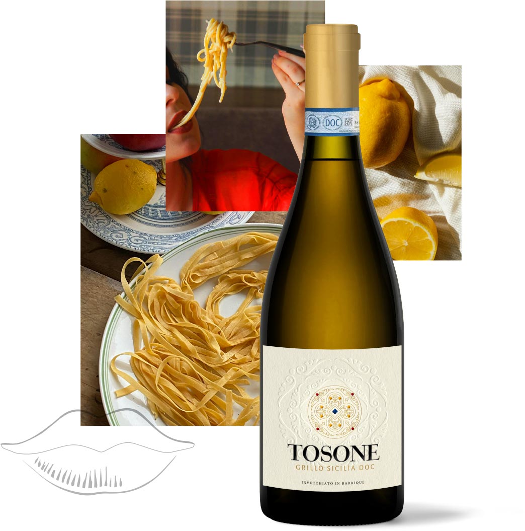 Grillo wine while eating spaghetti